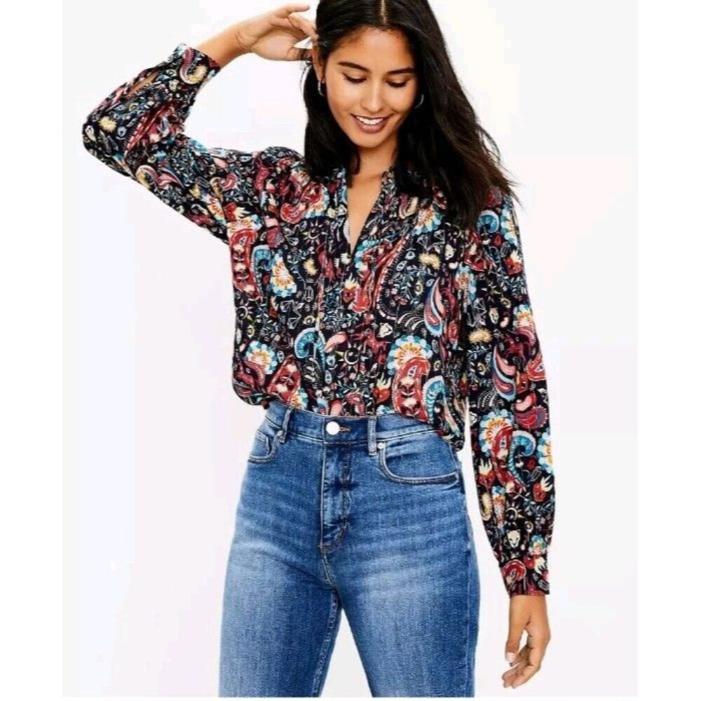 Loft Long Sleeve Small Blouse Top Lightweight Paisley Floral Shimmer Boho 143